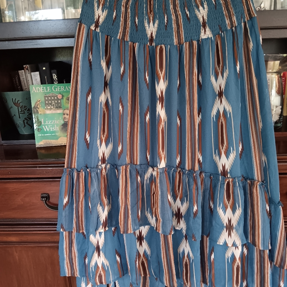 ARIAT JACOBO CHIMAYO SOUTHWESTERN AZTEC PRINT RUFFLED HI LOW HEM MIDI SKIRT - Picture 12 of 15